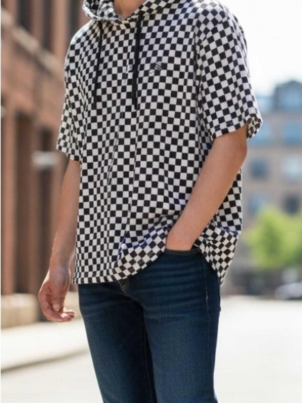 Black And White Checkerboard Hoodie Short Sleeve Shirt Mens 2XL Skate Streetwear
